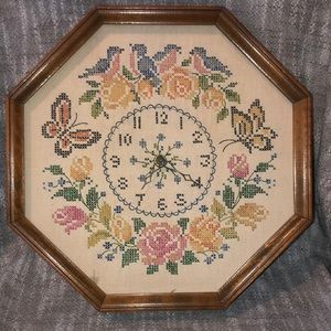 Vintage handmade Crosstitch clock. Battery operated.